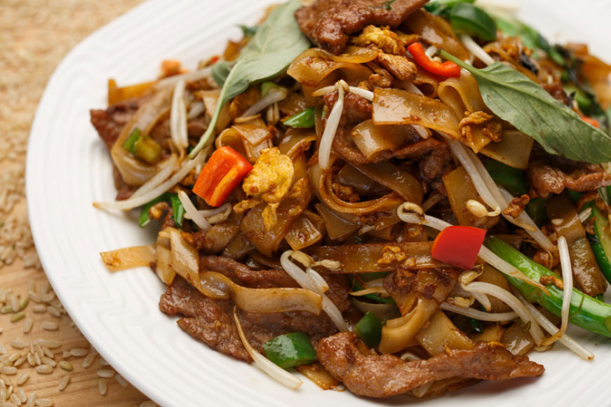 Pad see ew with Thai basil, Chinese broccoli and fresh chili